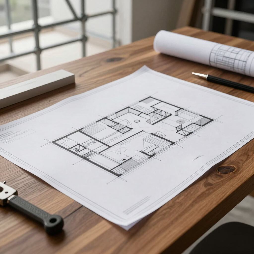Hand-drafted floor plan and rolled blueprints on a work table, representing structural consultation and addition planning by Knight Residential Services