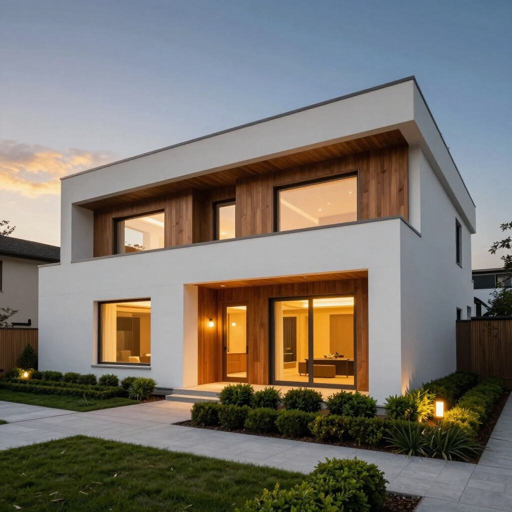 Modern twilight exterior of a home remodeled by Knight Residential Services, with warm interior lighting glowing through large windows