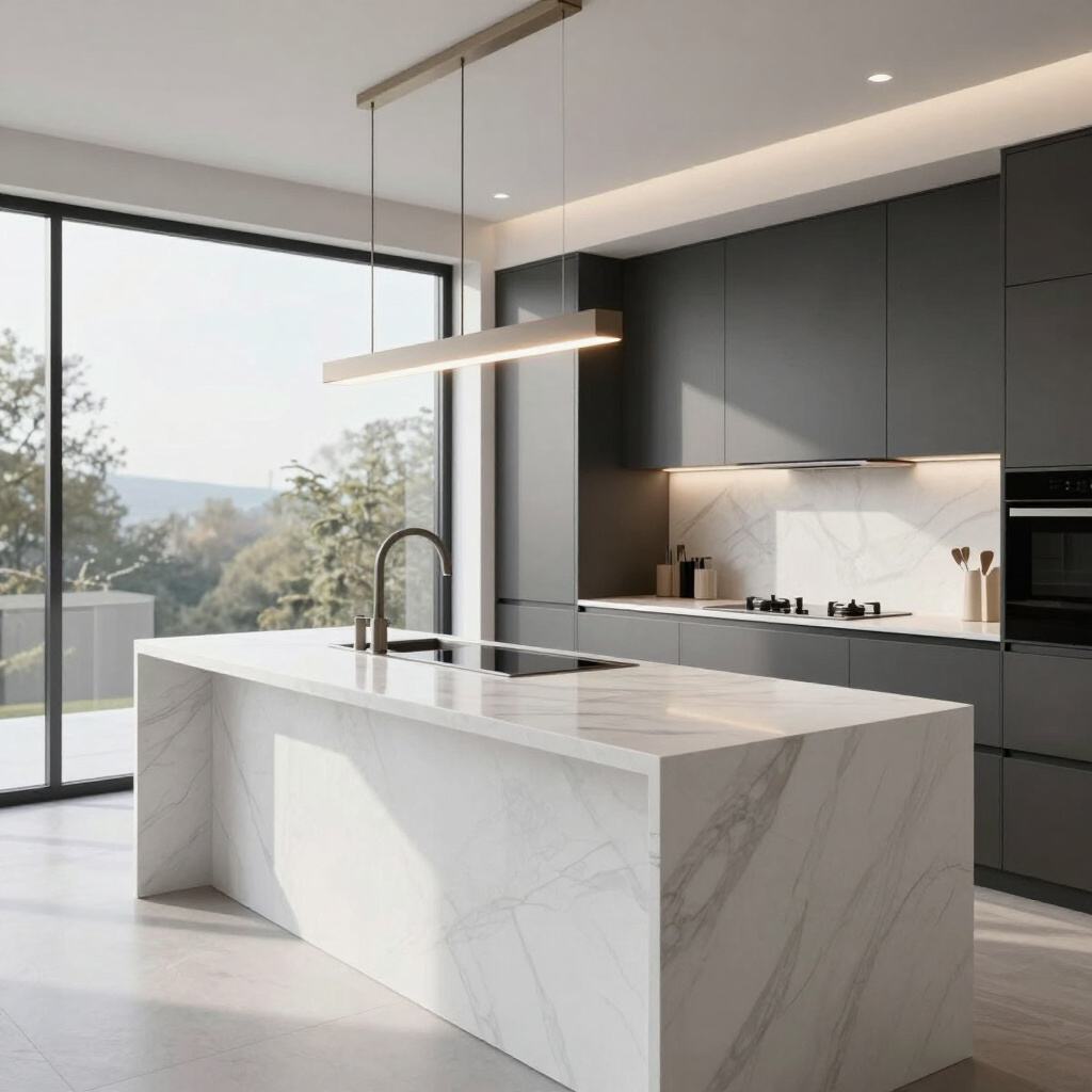 Waterfall-edge quartz kitchen island remodel with matte cabinetry, part of the Kitchen & Bath Artistry program by Knight Residential Services