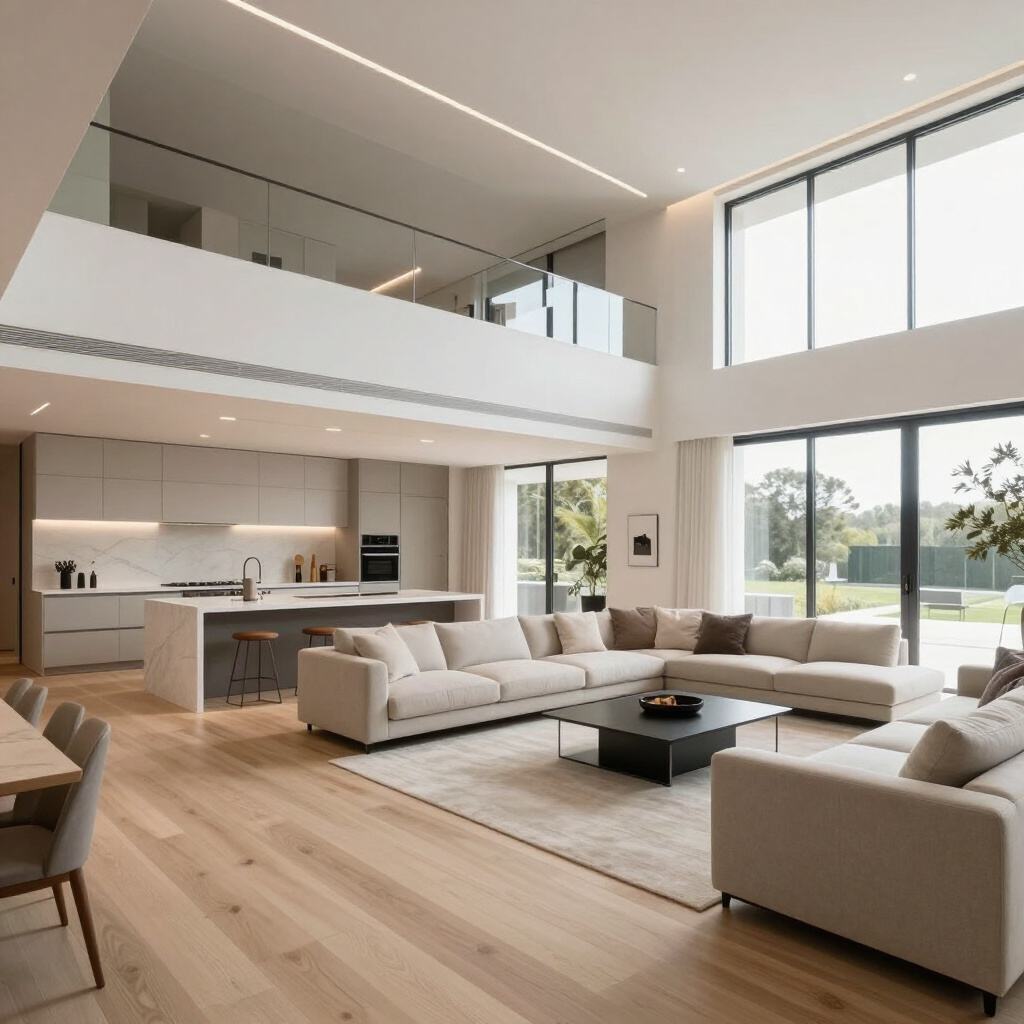 Open-concept living room and kitchen renovation with a double-height ceiling and glass-railed loft, a whole-residence remodel by Knight Residential Services
